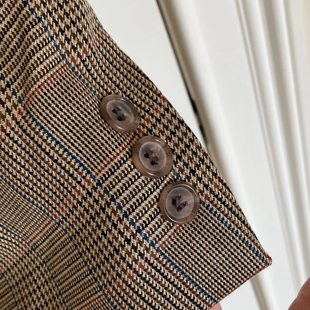 Alan Flusser Mens Classic Brown Plaid‎ 2 Button Blazer Sport Coat Size 44R Wool